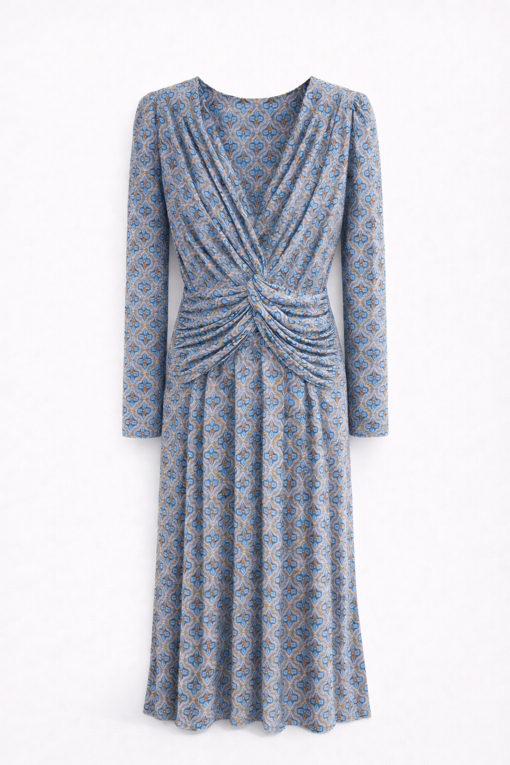 Vestido Nudo Estampado Azul y Beige