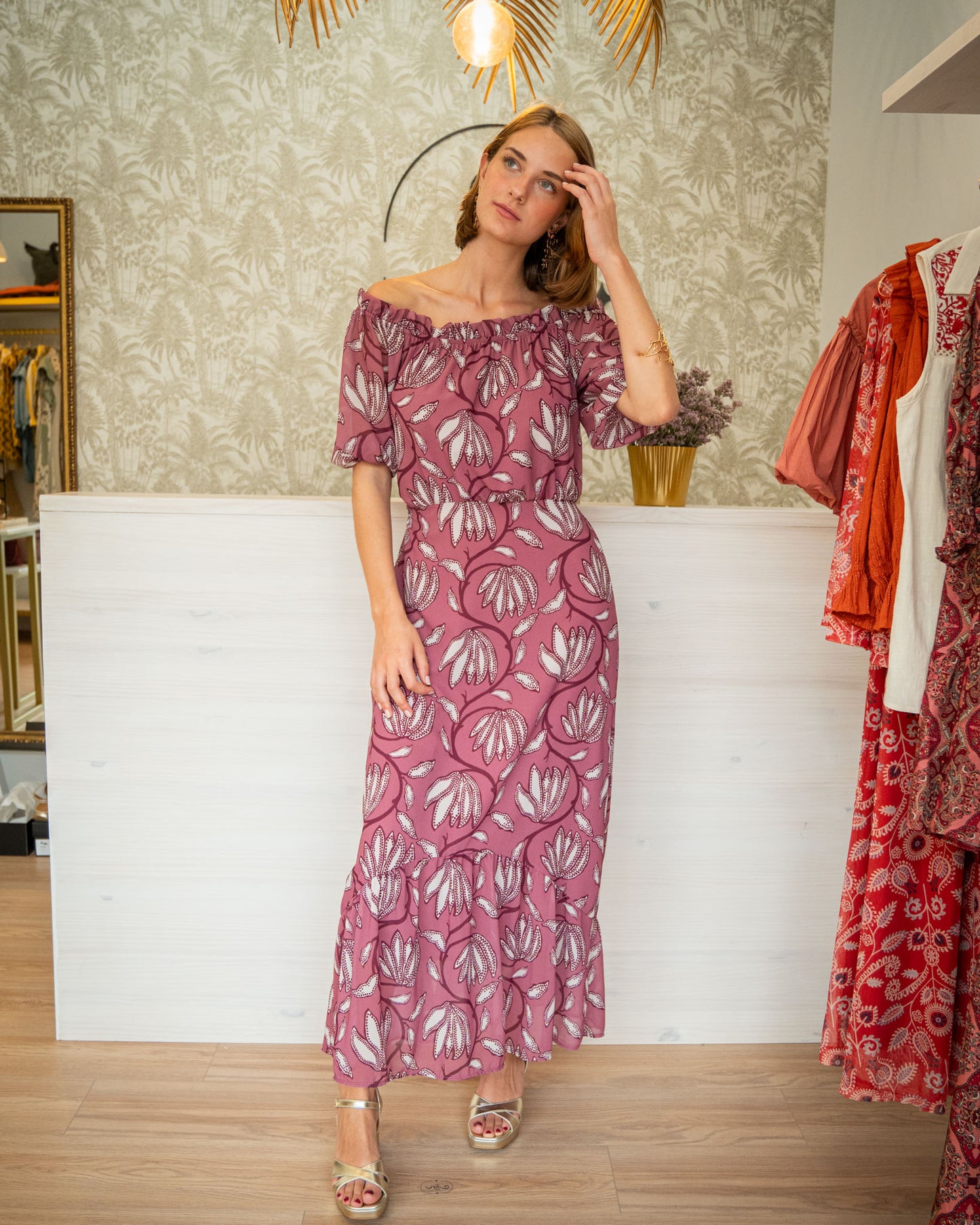 Vestido Gasa Flores Rosa