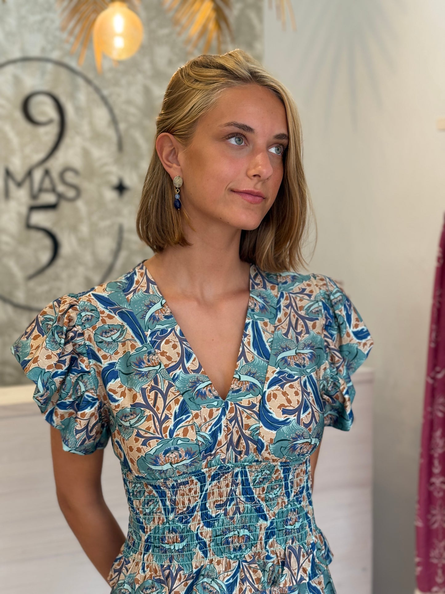Vestido Volantes Drapeado Flores Verde Agua