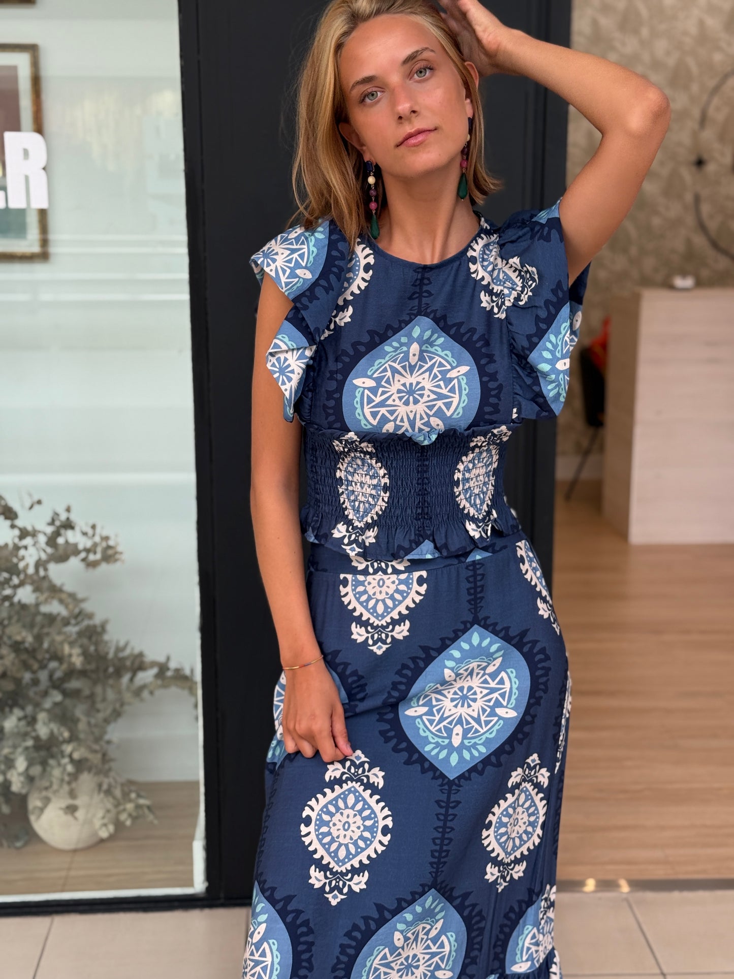 Total Look Drapeado Azul Marino