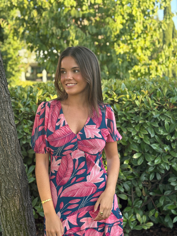Vestido Positano Hojas Fresa