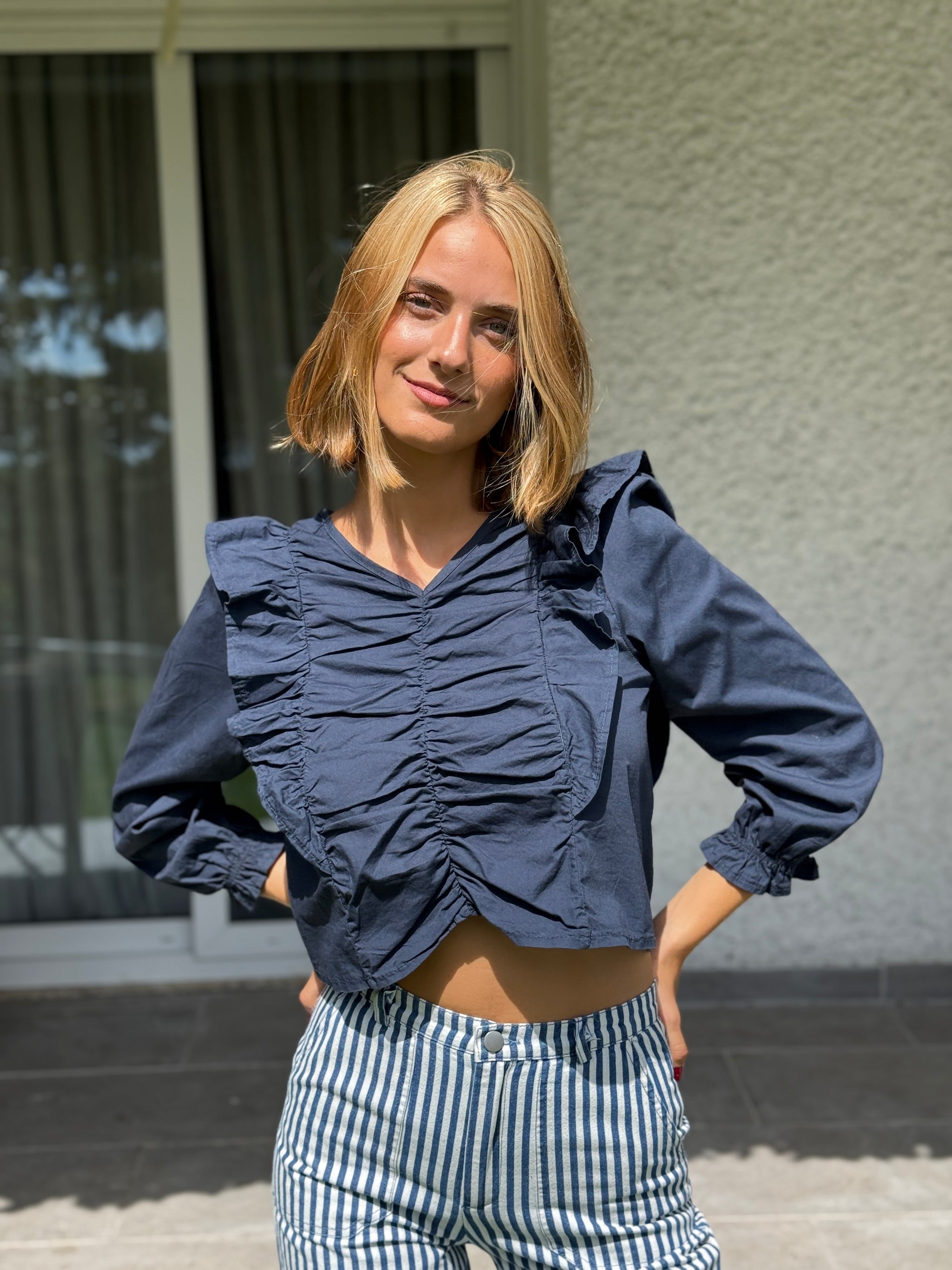 Camisa Volantes Fruncida Azul