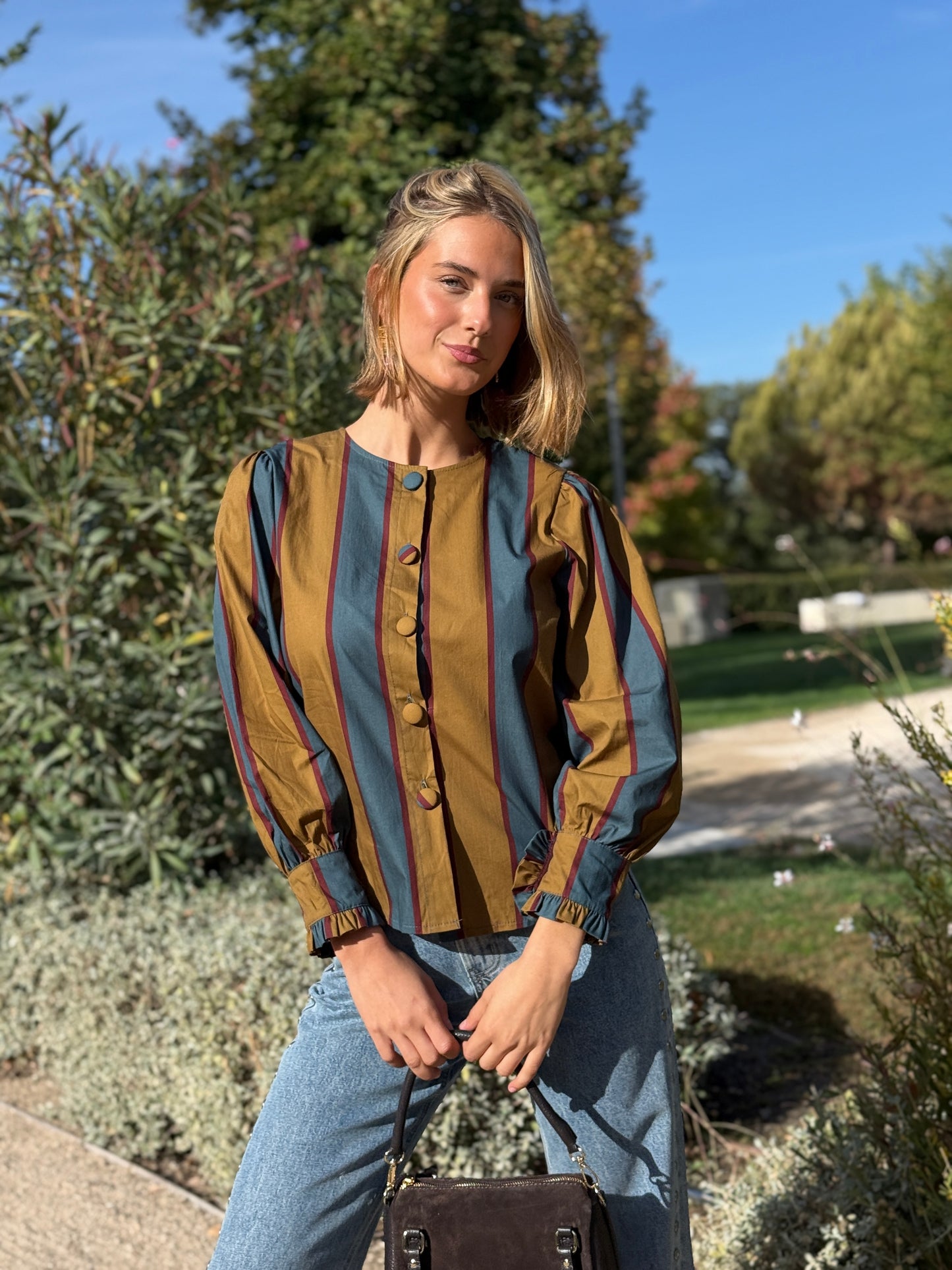 Camisa Nayla Azul Petróleo y Mostaza