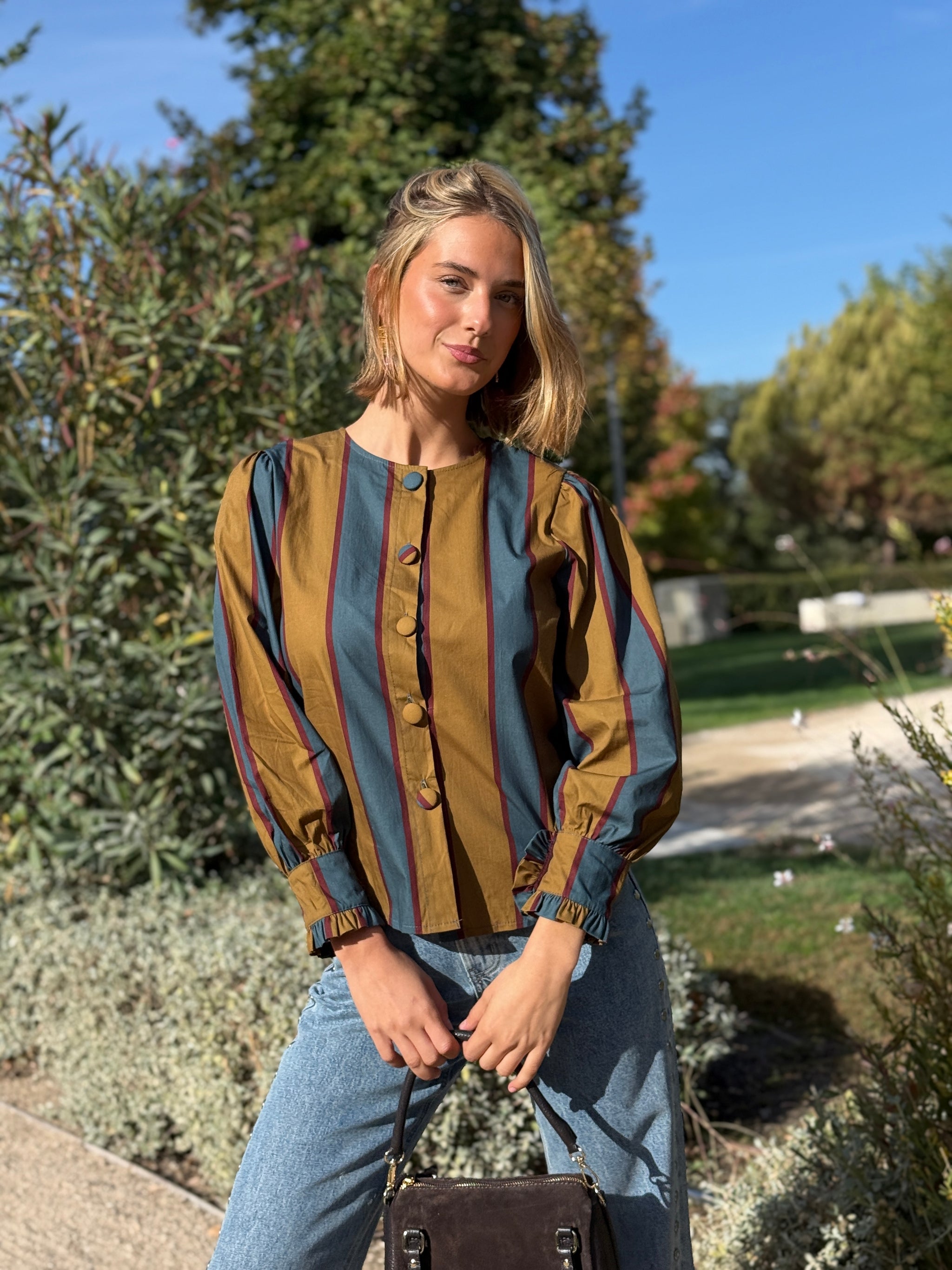 Camisa Nayla Azul Petróleo y Mostaza