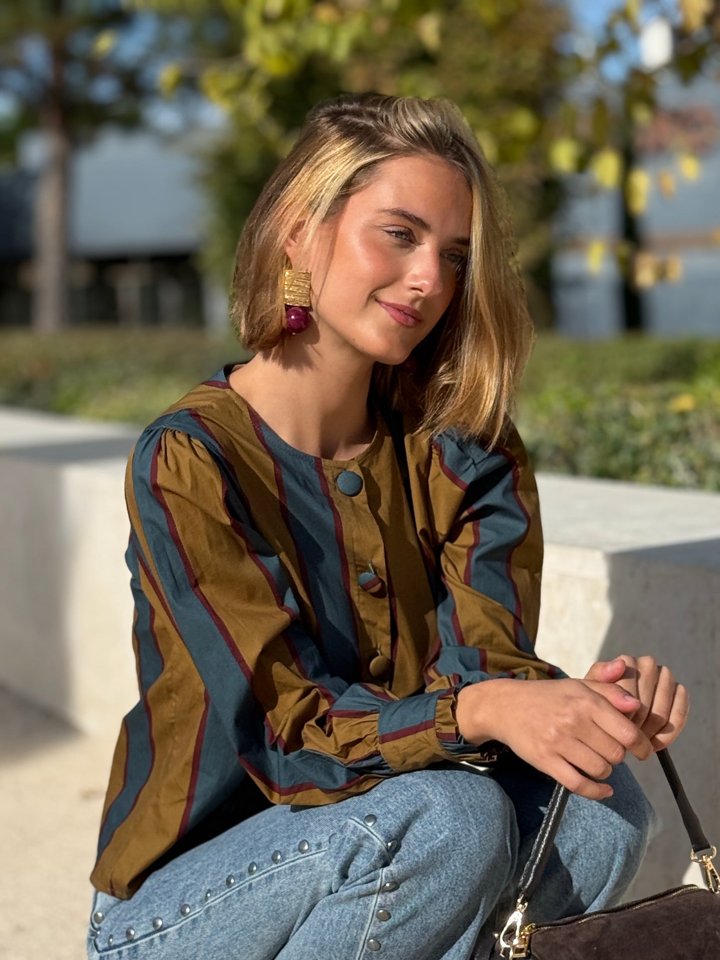 Camisa Nayla Azul Petróleo y Mostaza