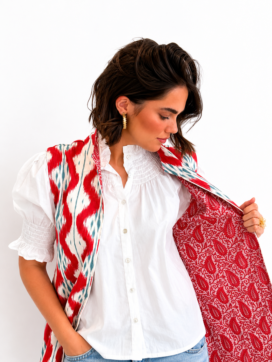 Chaleco Ginebra Reversible Ikat Rojo y Ondas