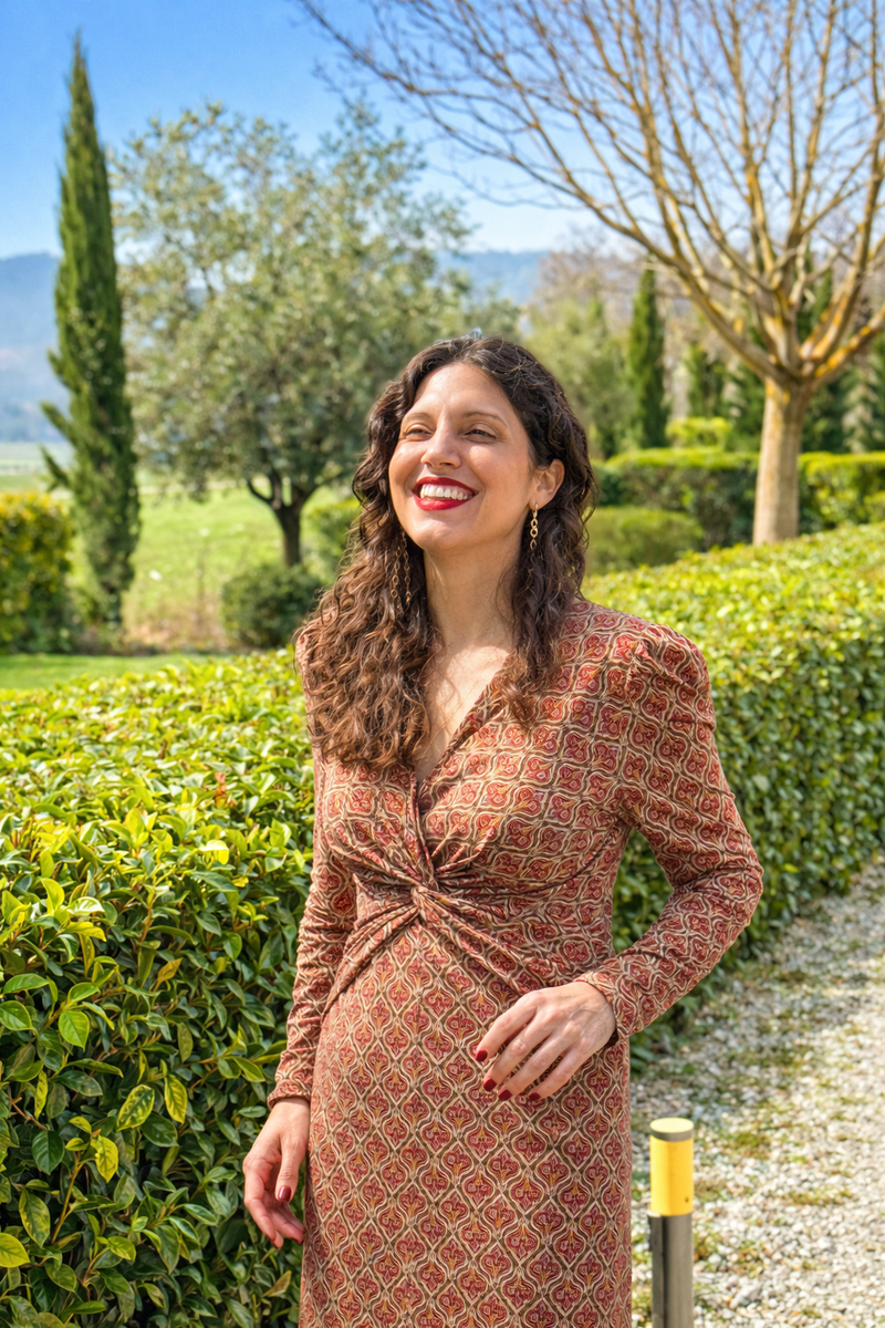 Vestido Nudo Estampado Teja y Verde