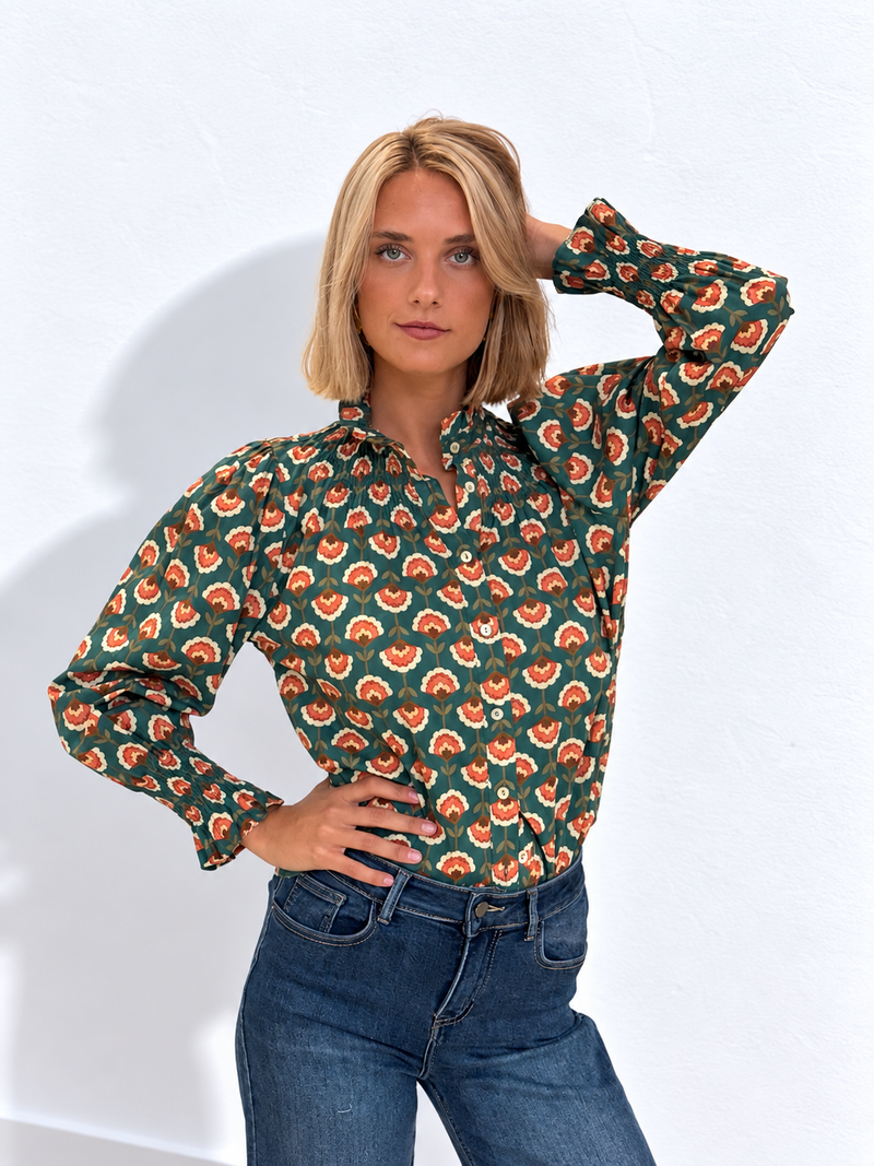 Camisa Gabrielle Flores Verde y Coral