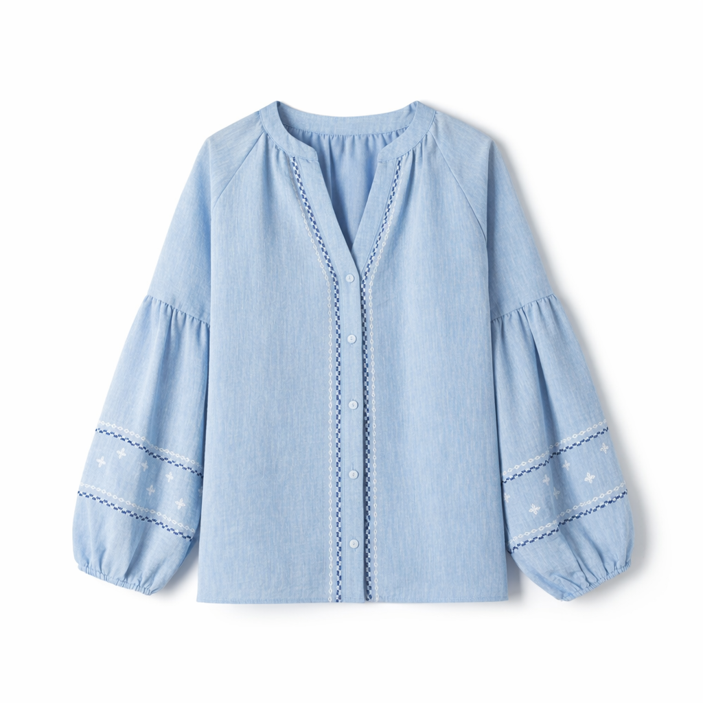 Camisa Lino Azul Manga Globo