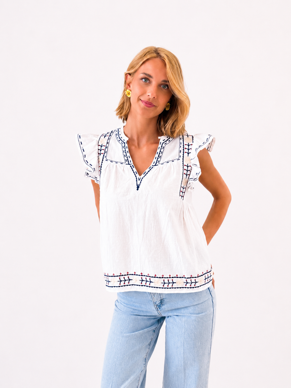 Camisa Blanca Bordados Azul