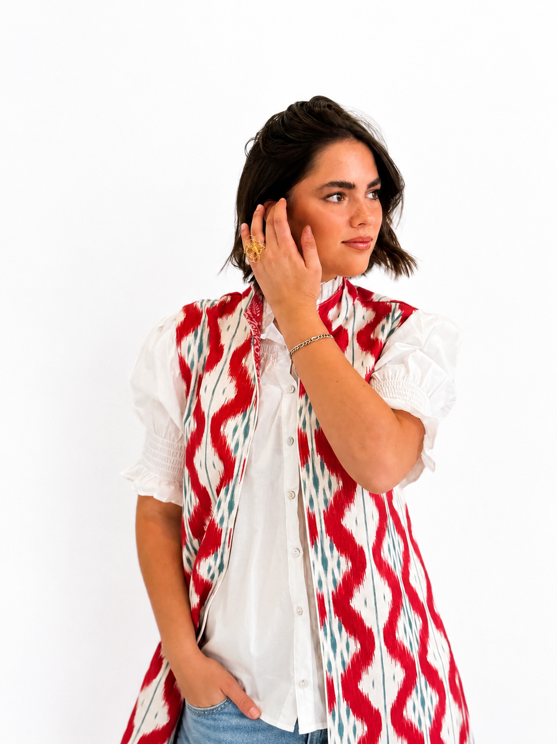 Chaleco Ginebra Reversible Ikat Rojo y Ondas