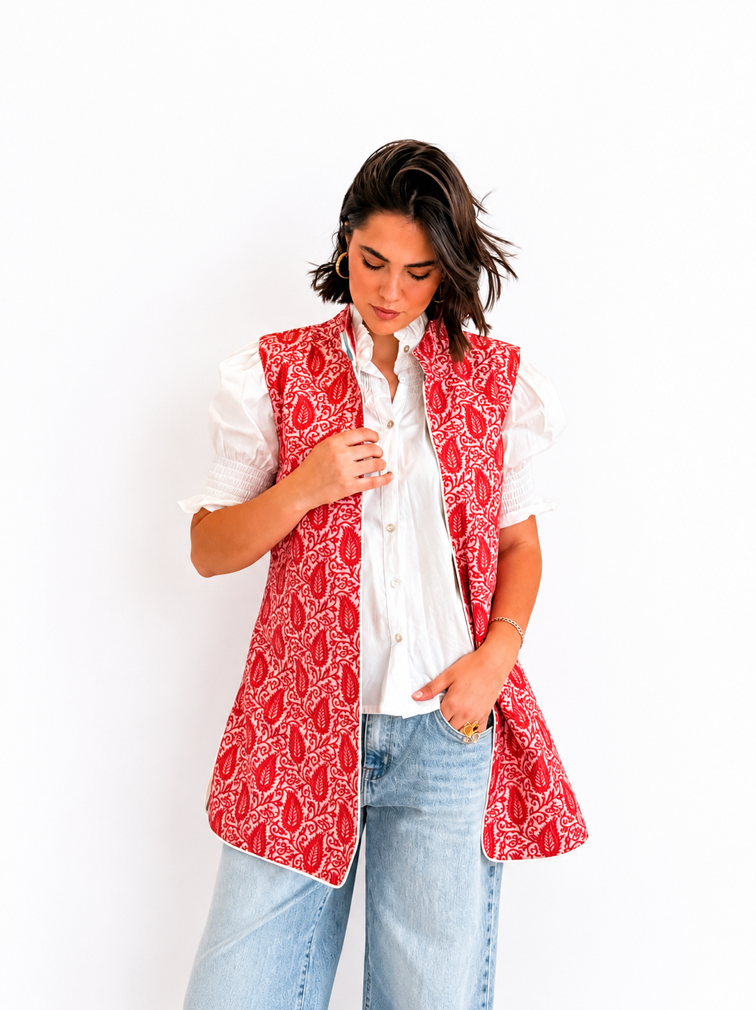 Chaleco Ginebra Reversible Ikat Rojo y Ondas