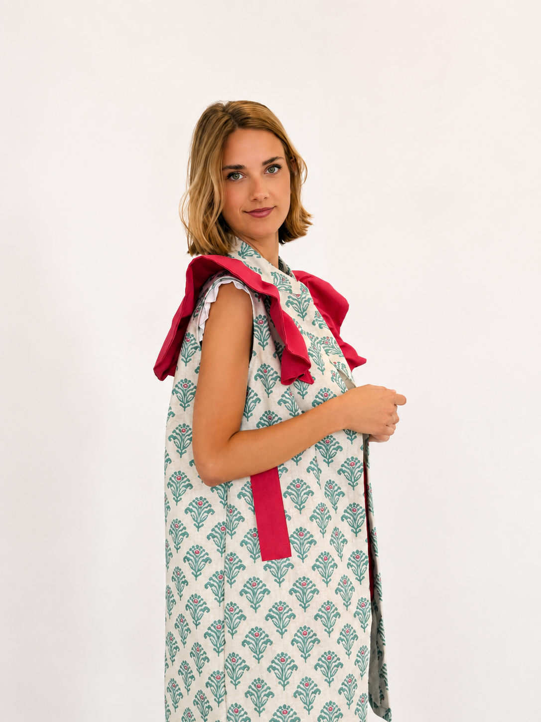 Chaleco 9MÁS5 Ikat Verde y Fucsia