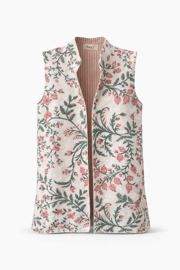 Chaleco Ginebra Reversible Flores y Rayas Fresa