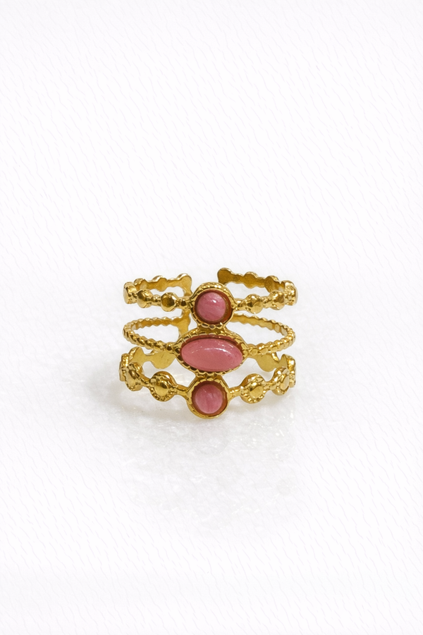 Anillo Acero Triple piedra Rosa Antic