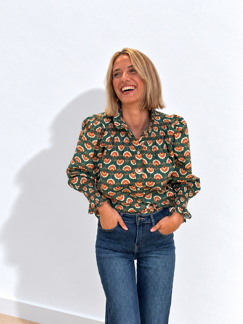Camisa Gabrielle Flores Verde y Coral