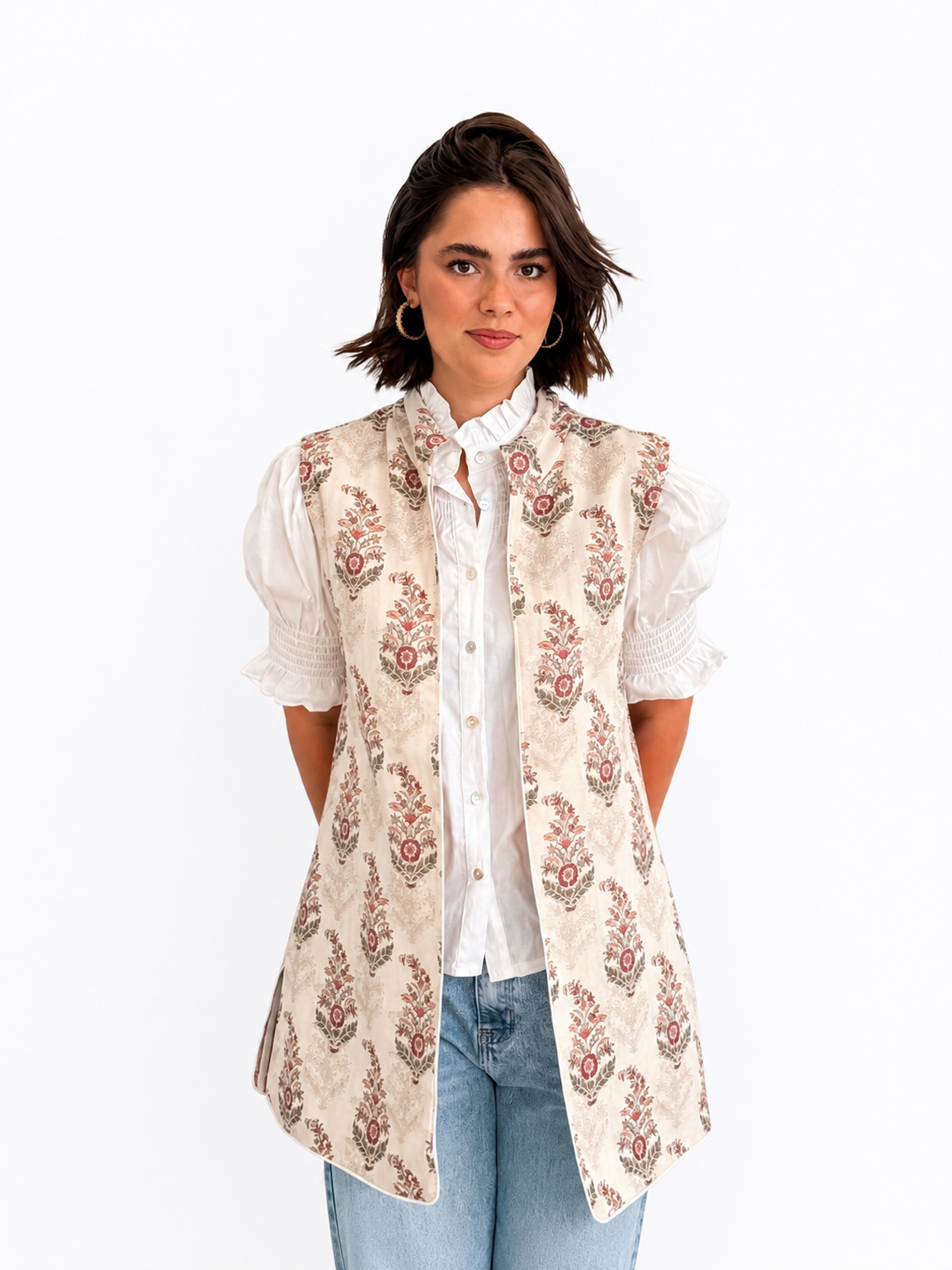 Chaleco Ginebra Reversible Ikat y Rayas Rosa y Burdeos