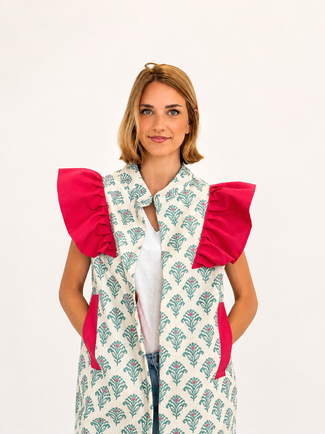 Chaleco 9MÁS5 Ikat Verde y Fucsia