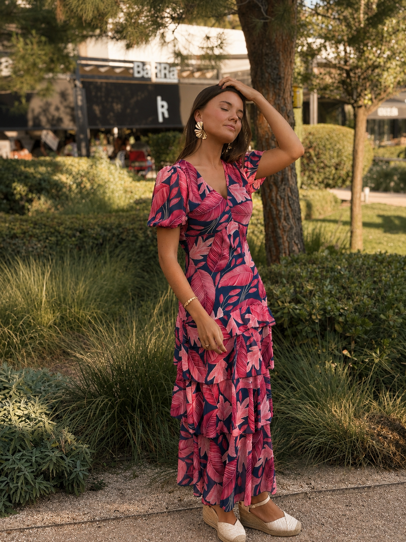 Vestido Positano Hojas Fresa
