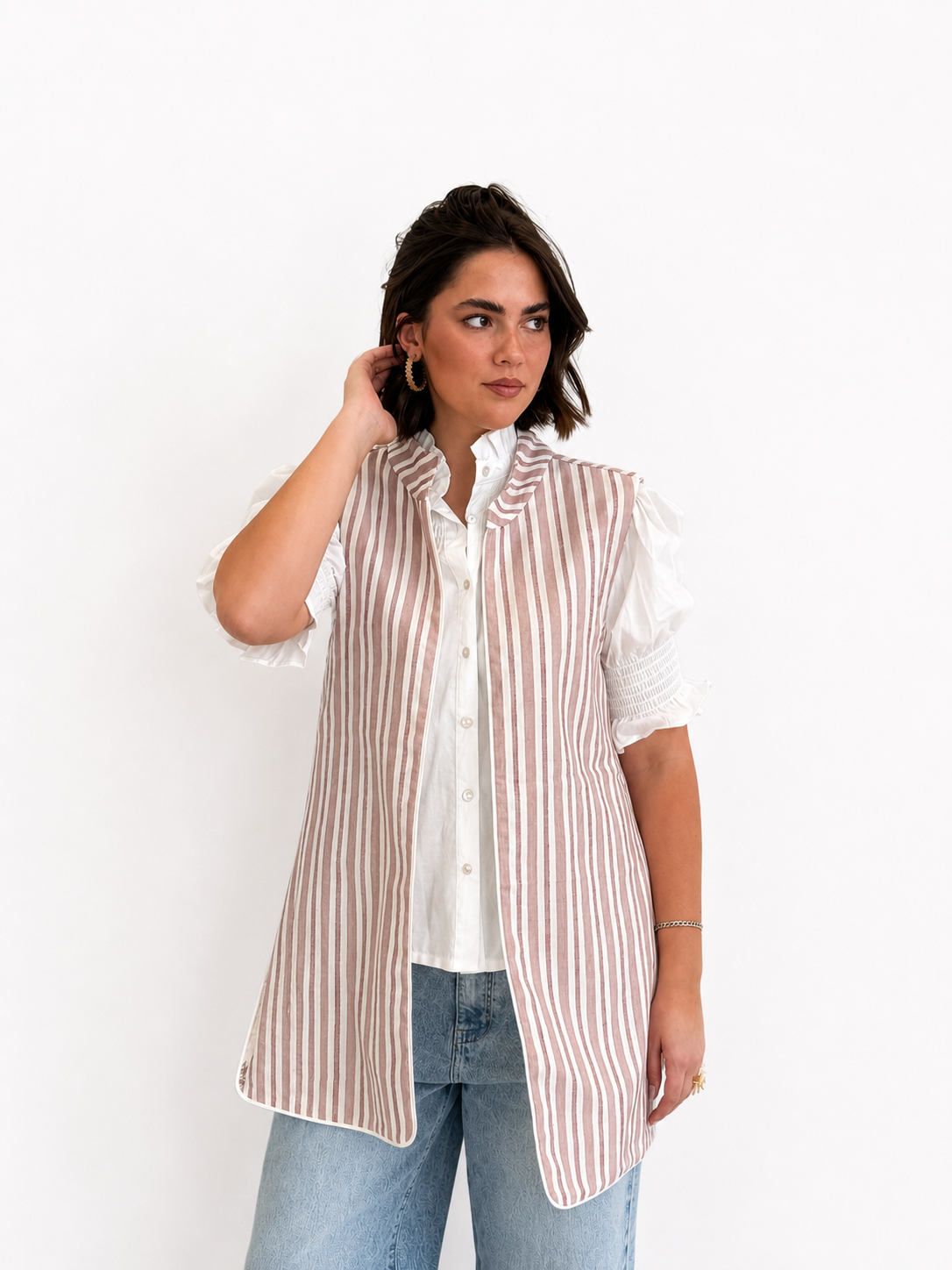 Chaleco Ginebra Reversible Ikat y Rayas Rosa y Burdeos