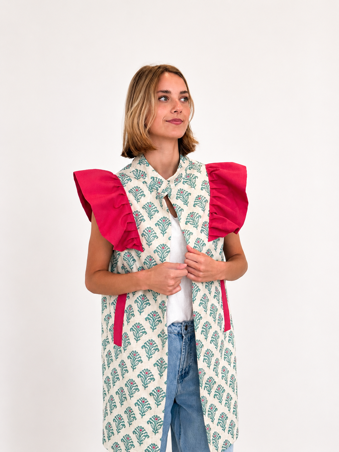 Chaleco 9MÁS5 Ikat Verde y Fucsia