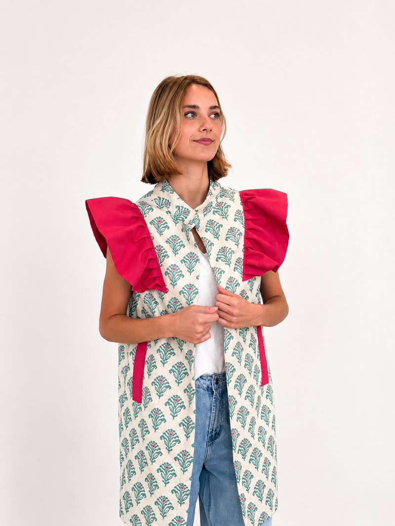 Chaleco 9MÁS5 Ikat Verde y Fucsia