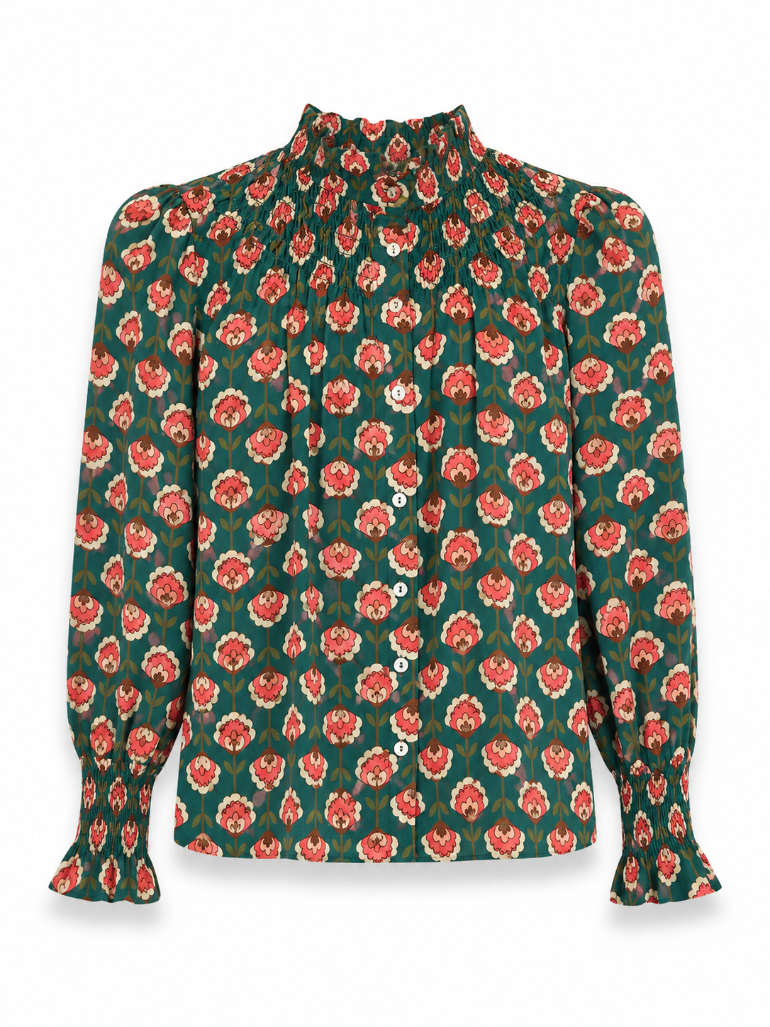 Camisa Gabrielle Flores Verde y Coral
