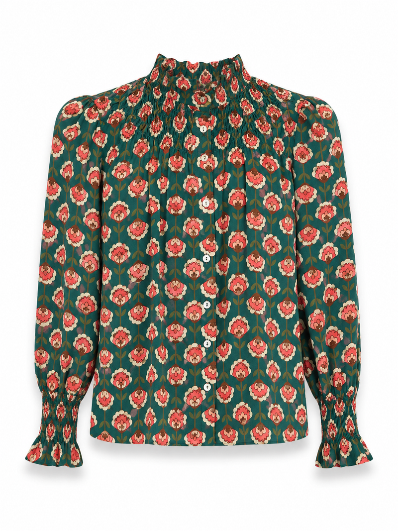 Camisa Gabrielle Flores Verde y Coral