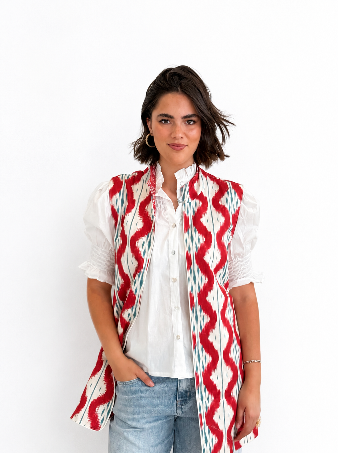 Chaleco Ginebra Reversible Ikat Rojo y Ondas