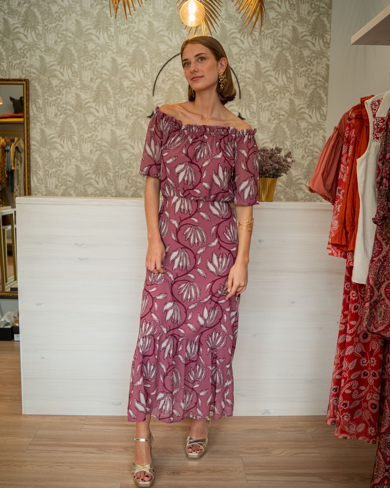 Vestido Gasa Flores Rosa