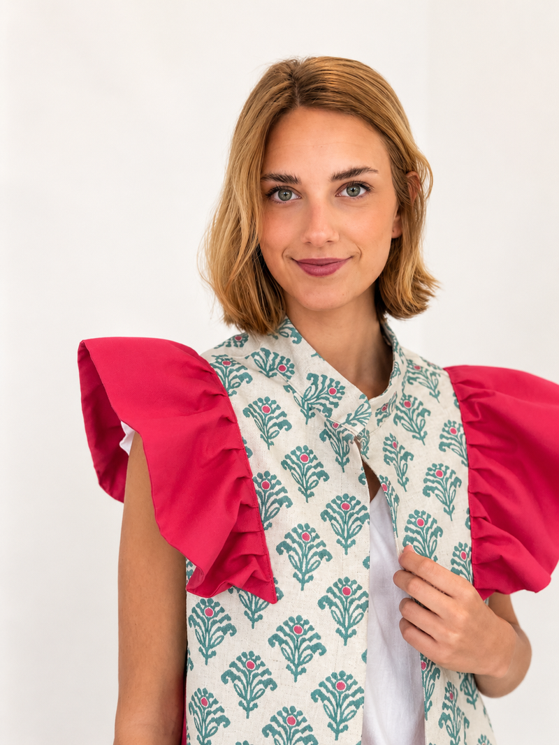 Chaleco 9MÁS5 Ikat Verde y Fucsia