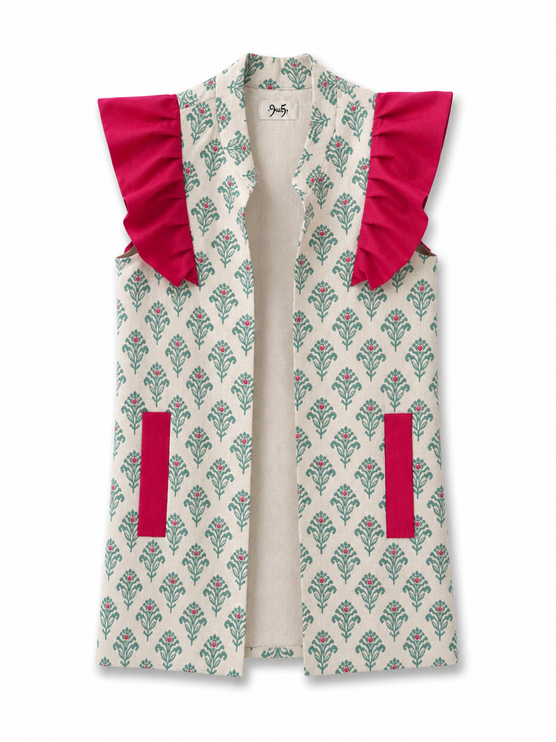 Chaleco 9MÁS5 Ikat Verde y Fucsia