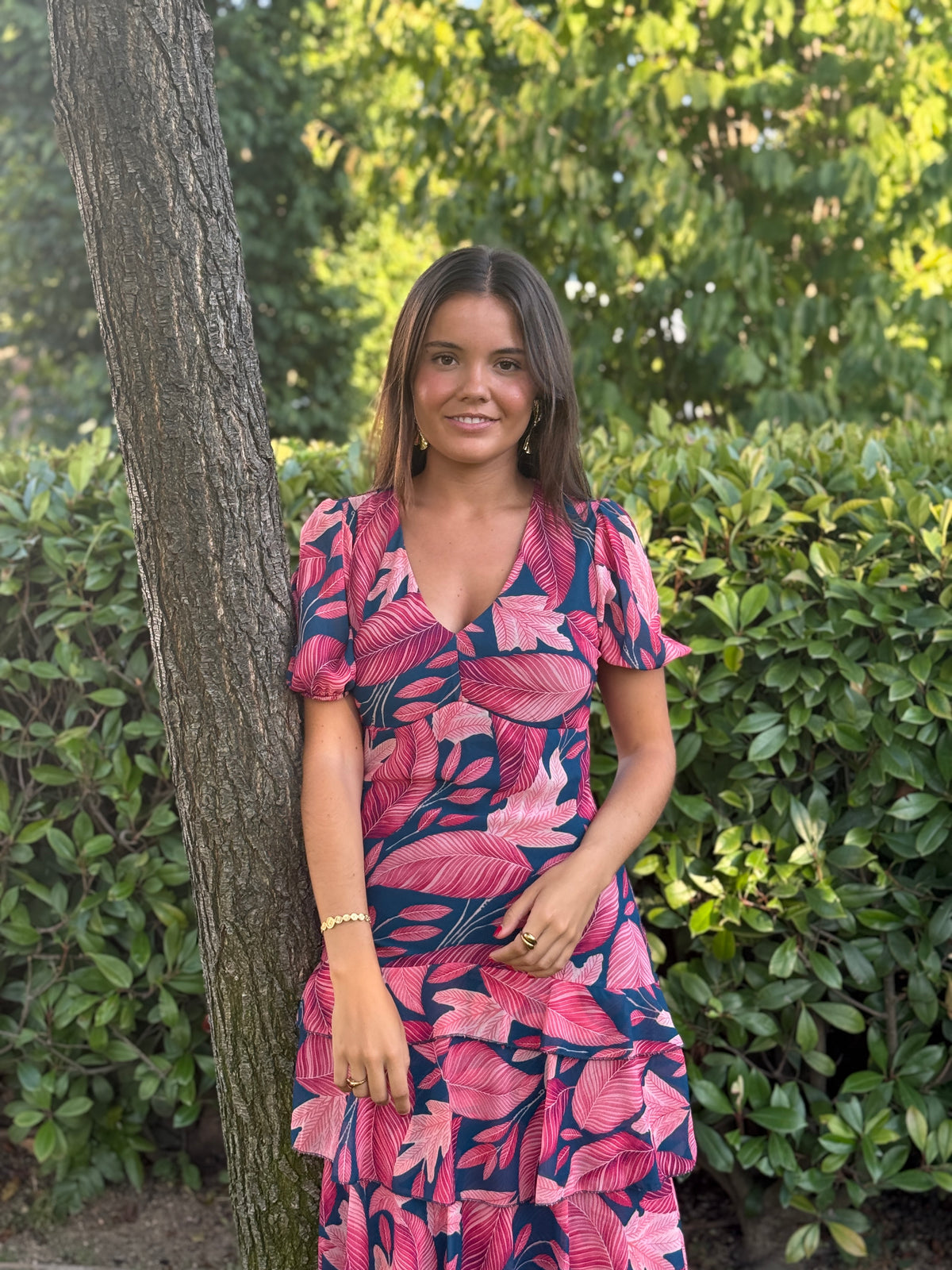 Vestido Positano Hojas Fresa