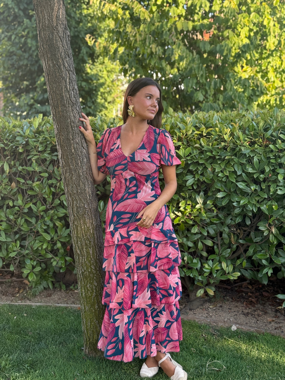 Vestido Positano Hojas Fresa
