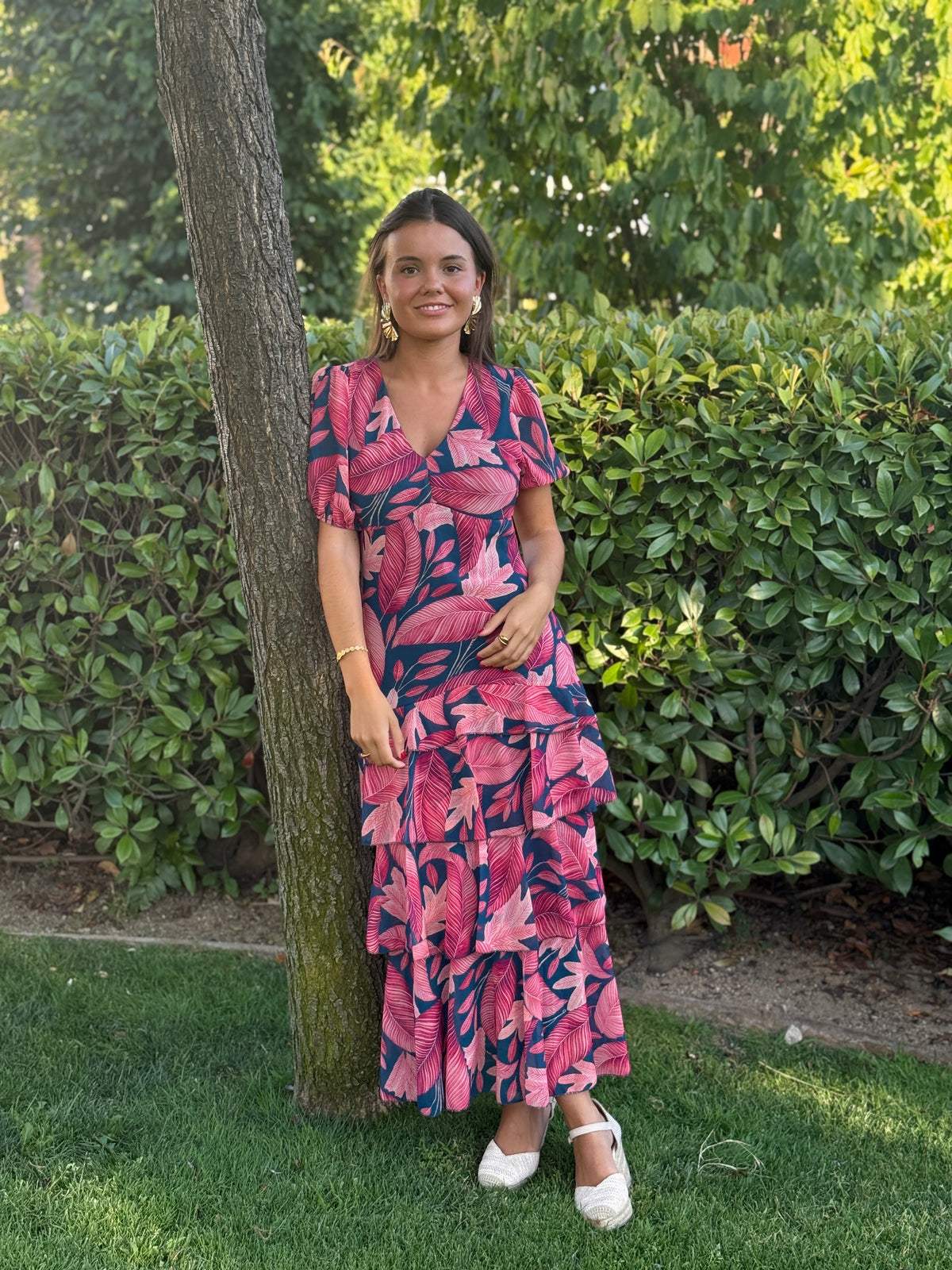 Vestido Positano Hojas Fresa