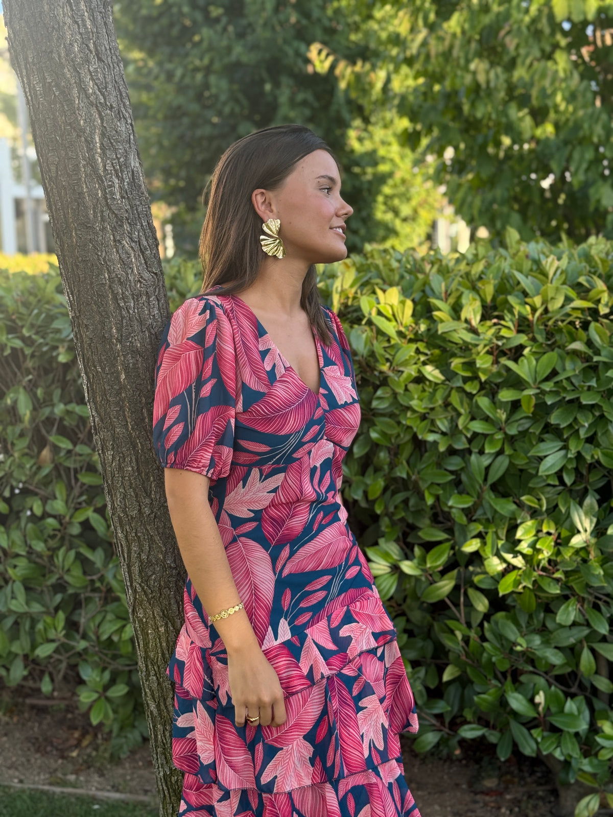 Vestido Positano Hojas Fresa