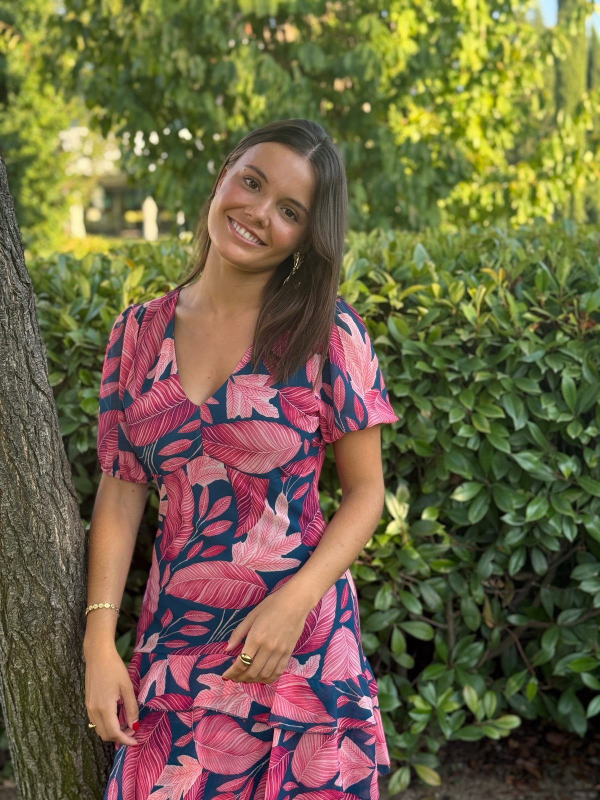 Vestido Positano Hojas Fresa