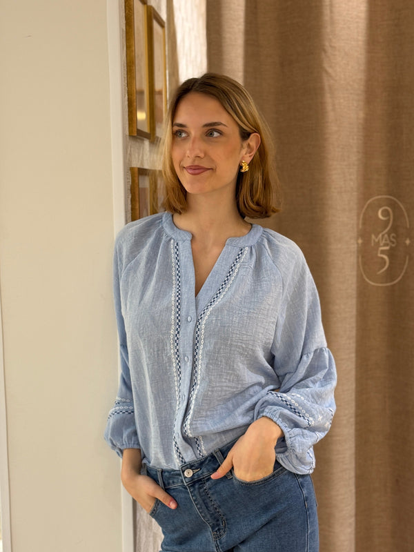 Camisa Lino Azul Manga Globo