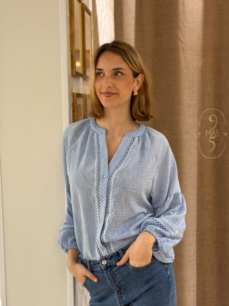 Camisa Lino Azul Manga Globo