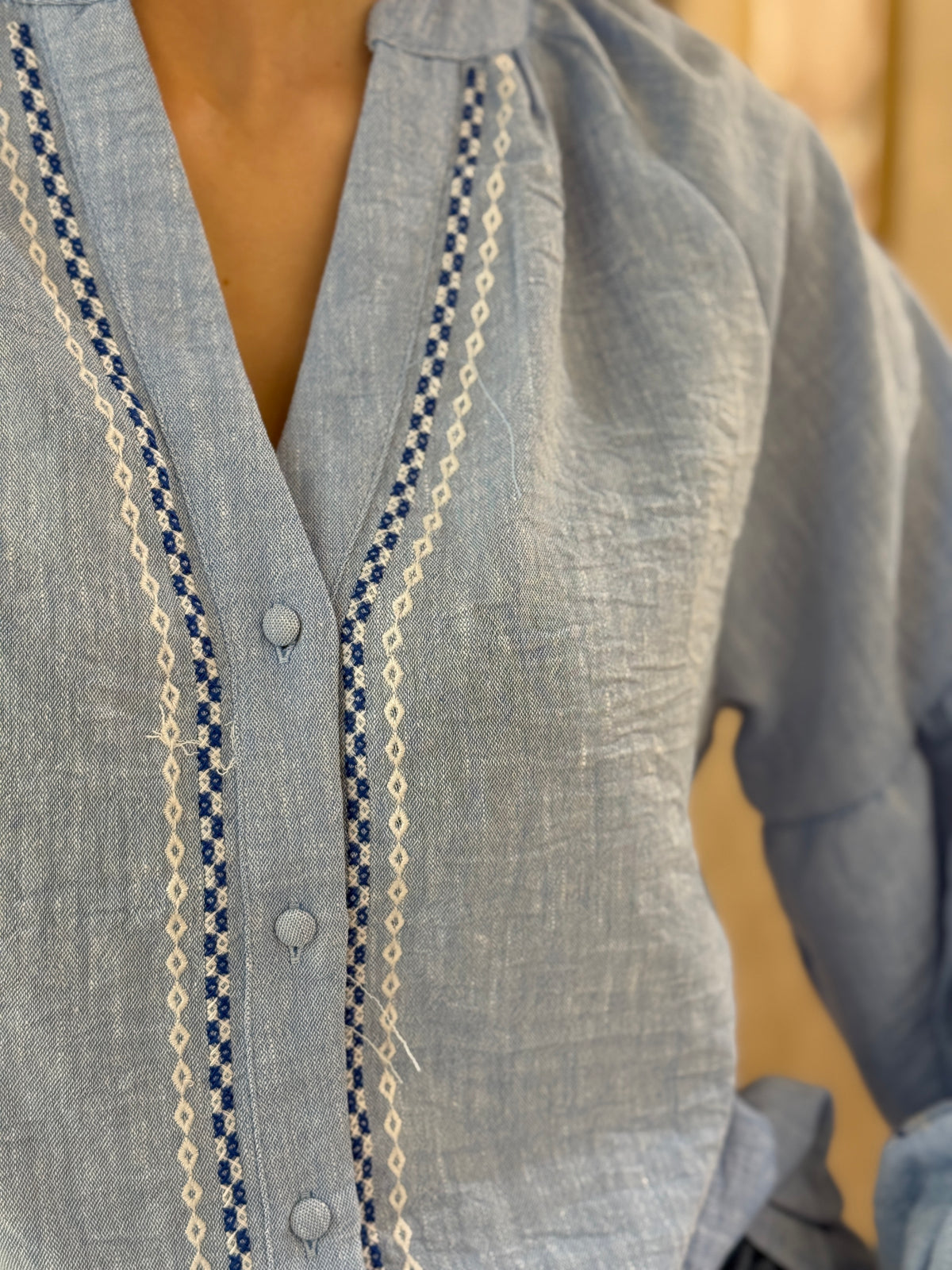 Camisa Lino Azul Manga Globo