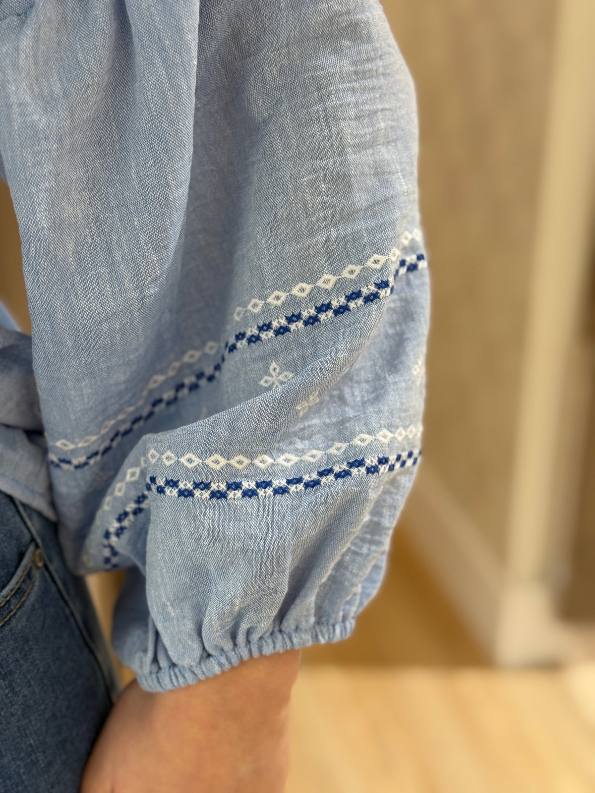 Camisa Lino Azul Manga Globo