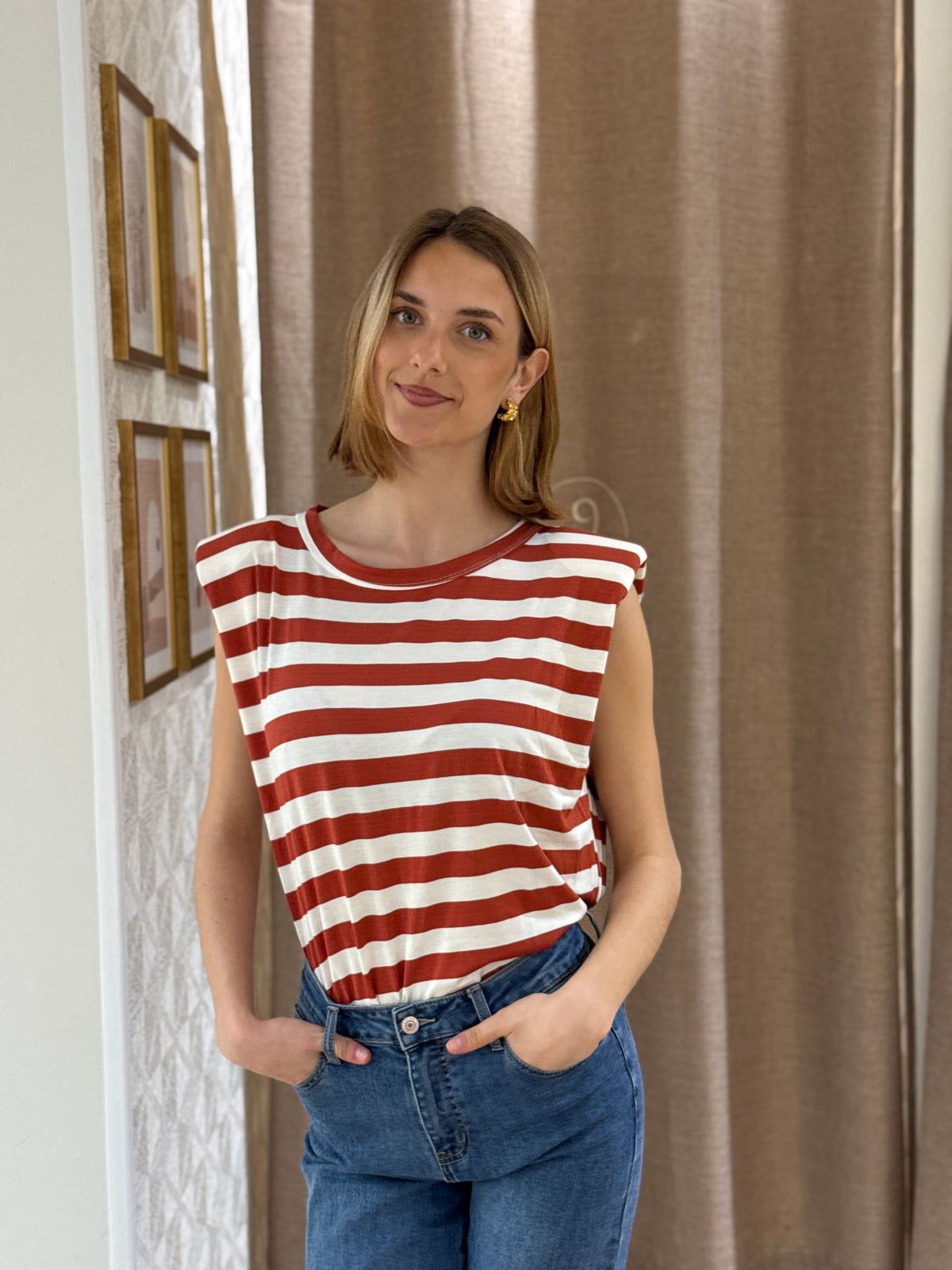 Camiseta Hombreras Rayas Teja