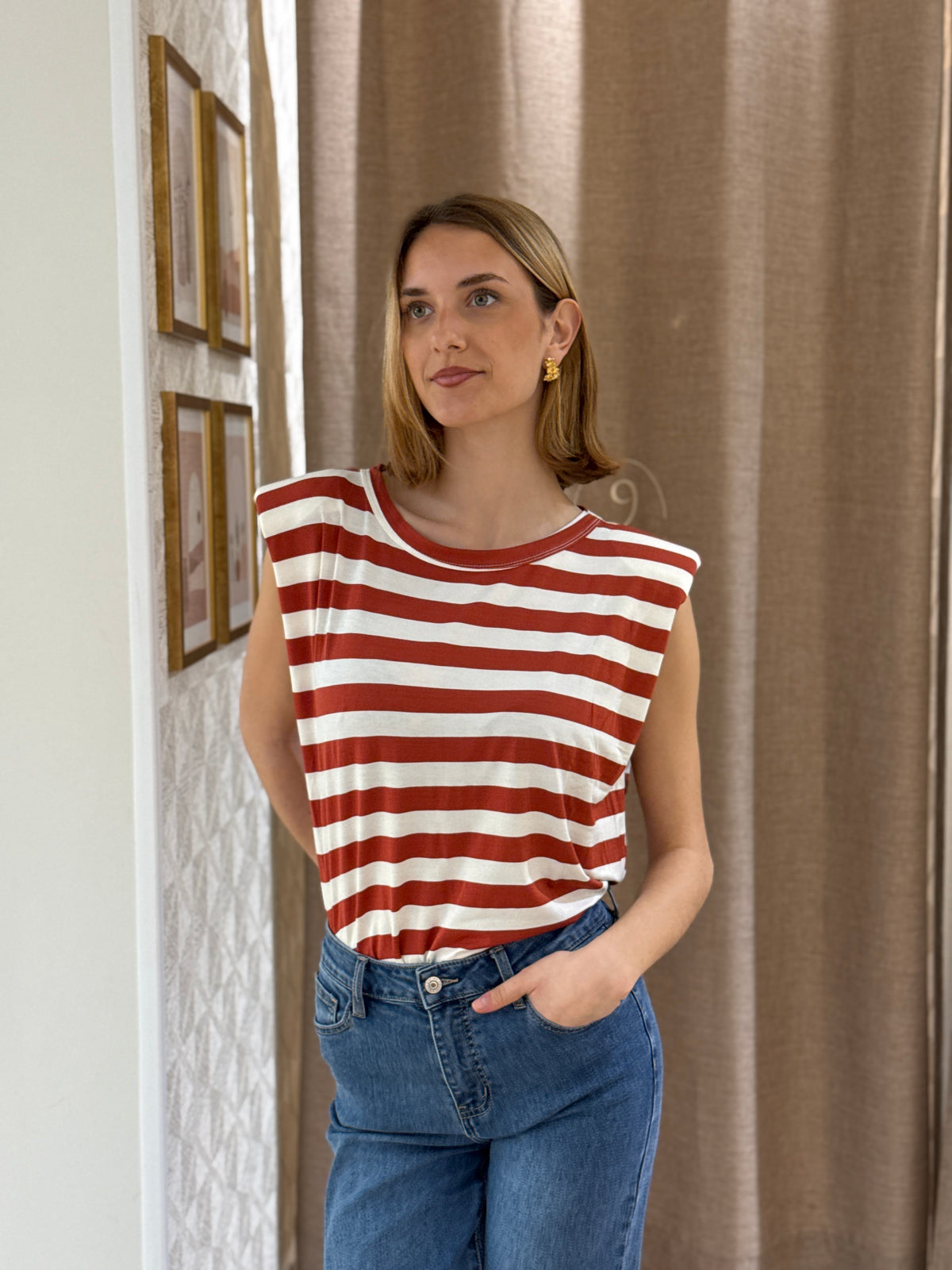 Camiseta Hombreras Rayas Teja