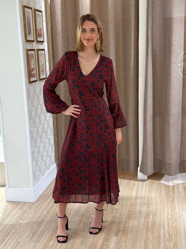 Vestido Manga Campana Flores Burdeos