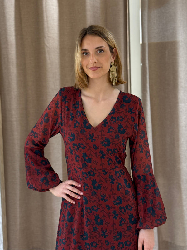 Vestido Manga Campana Flores Burdeos