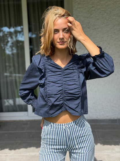 Camisa Volantes Fruncida Azul
