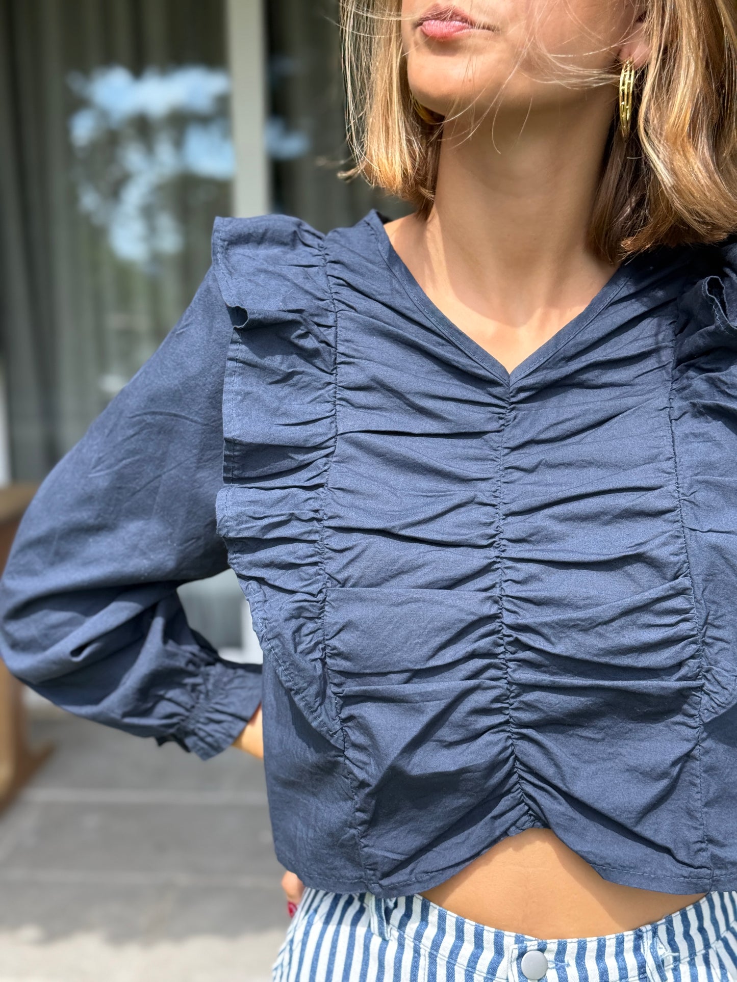 Camisa Volantes Fruncida Azul