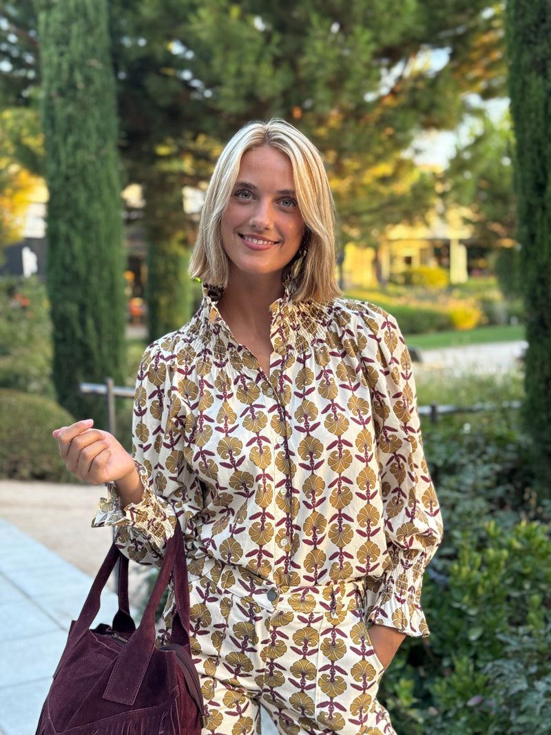 Camisa Gabrielle Mostaza y Burdeos