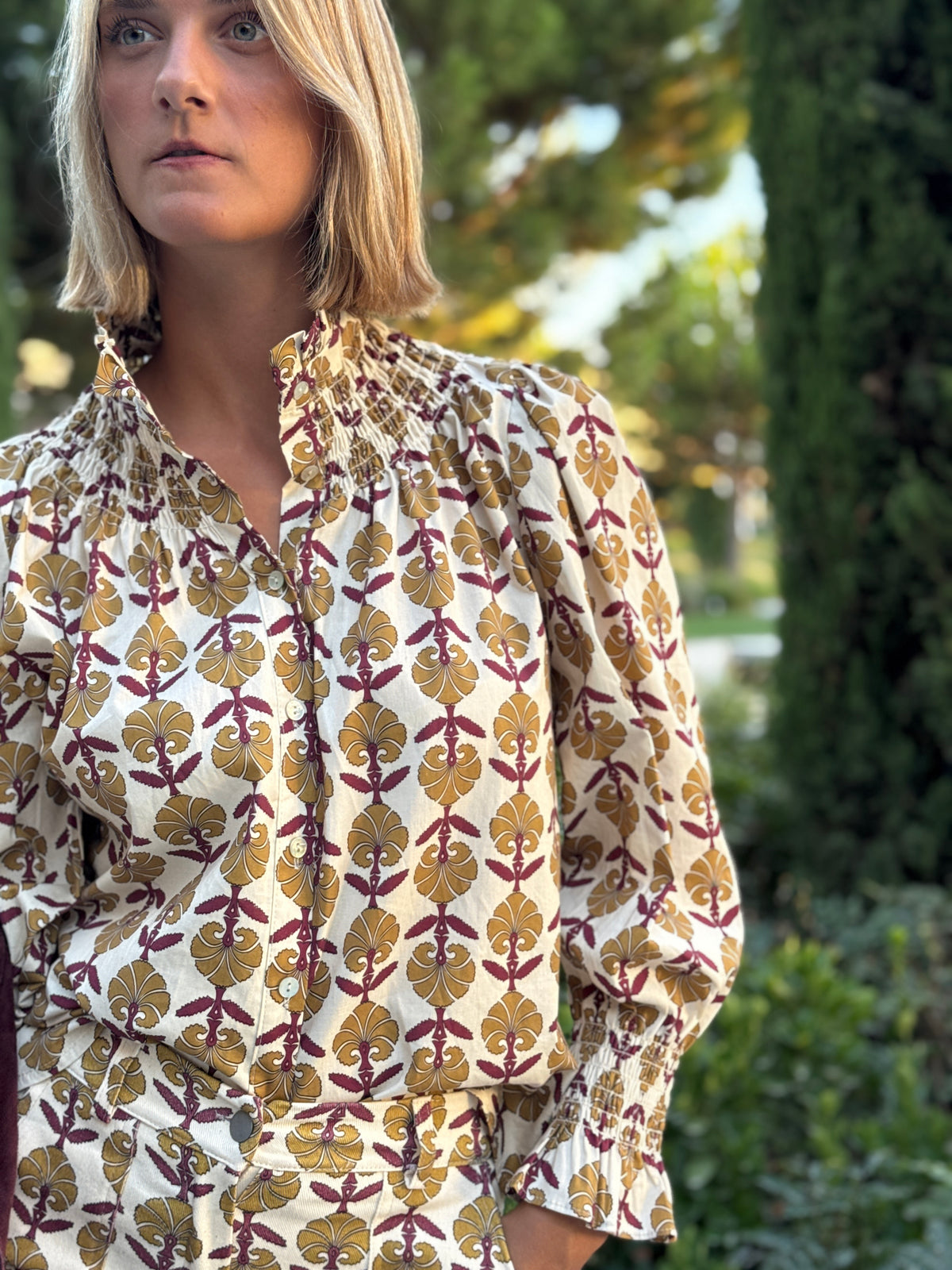 Camisa Gabrielle Mostaza y Burdeos