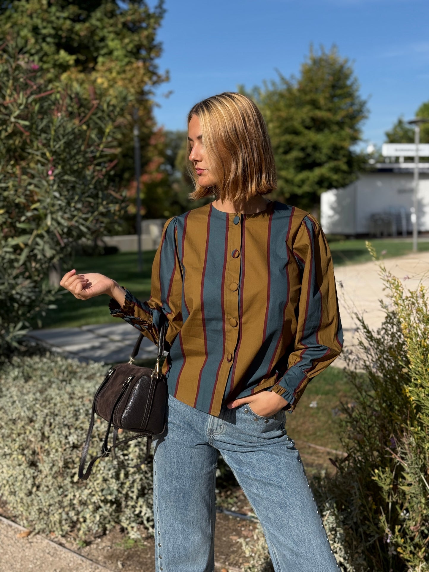 Camisa Nayla Azul Petróleo y Mostaza